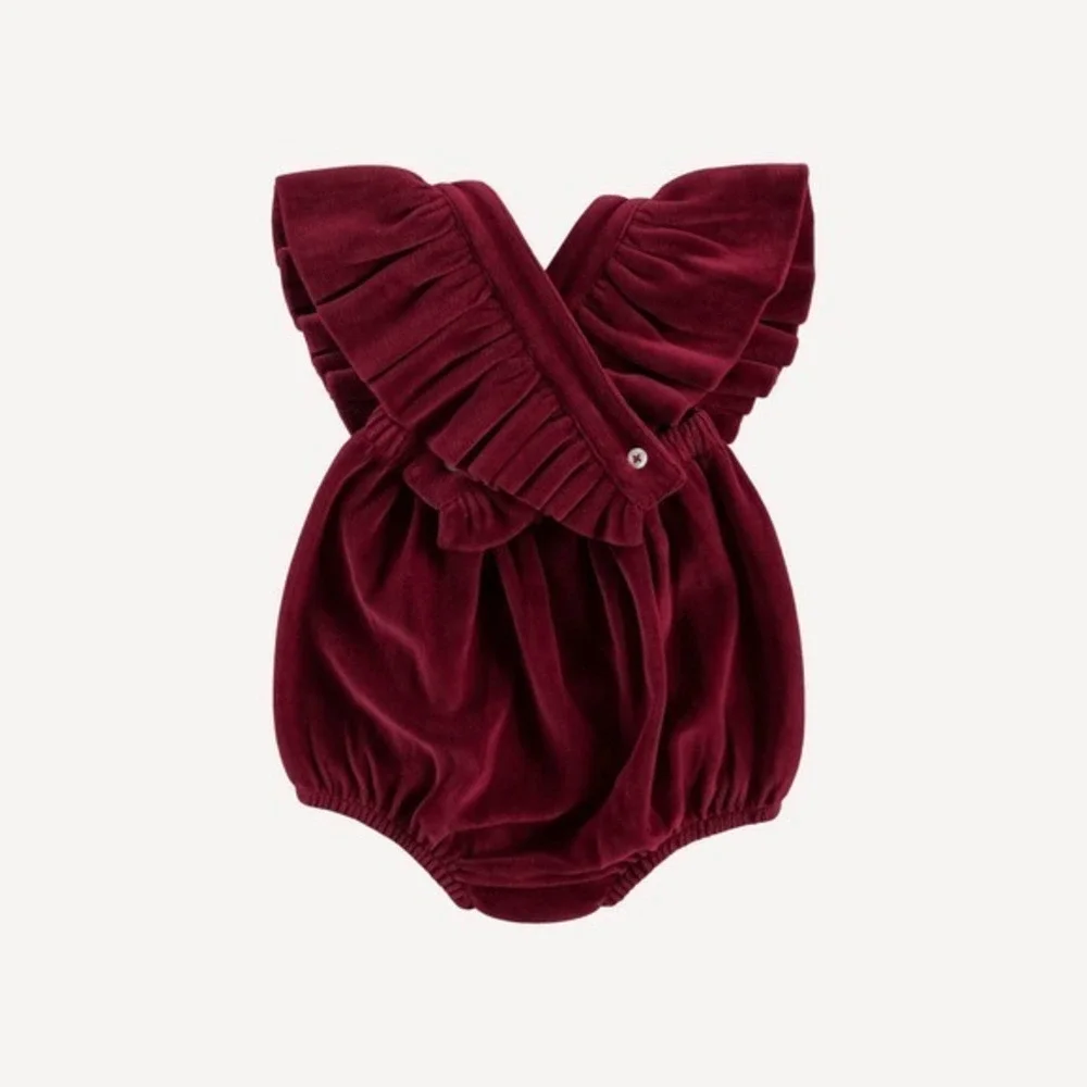 NWT Kate Quinn Velvet Ruffle Strap Bubble Romper w/ Headband Redwood 12-18 month